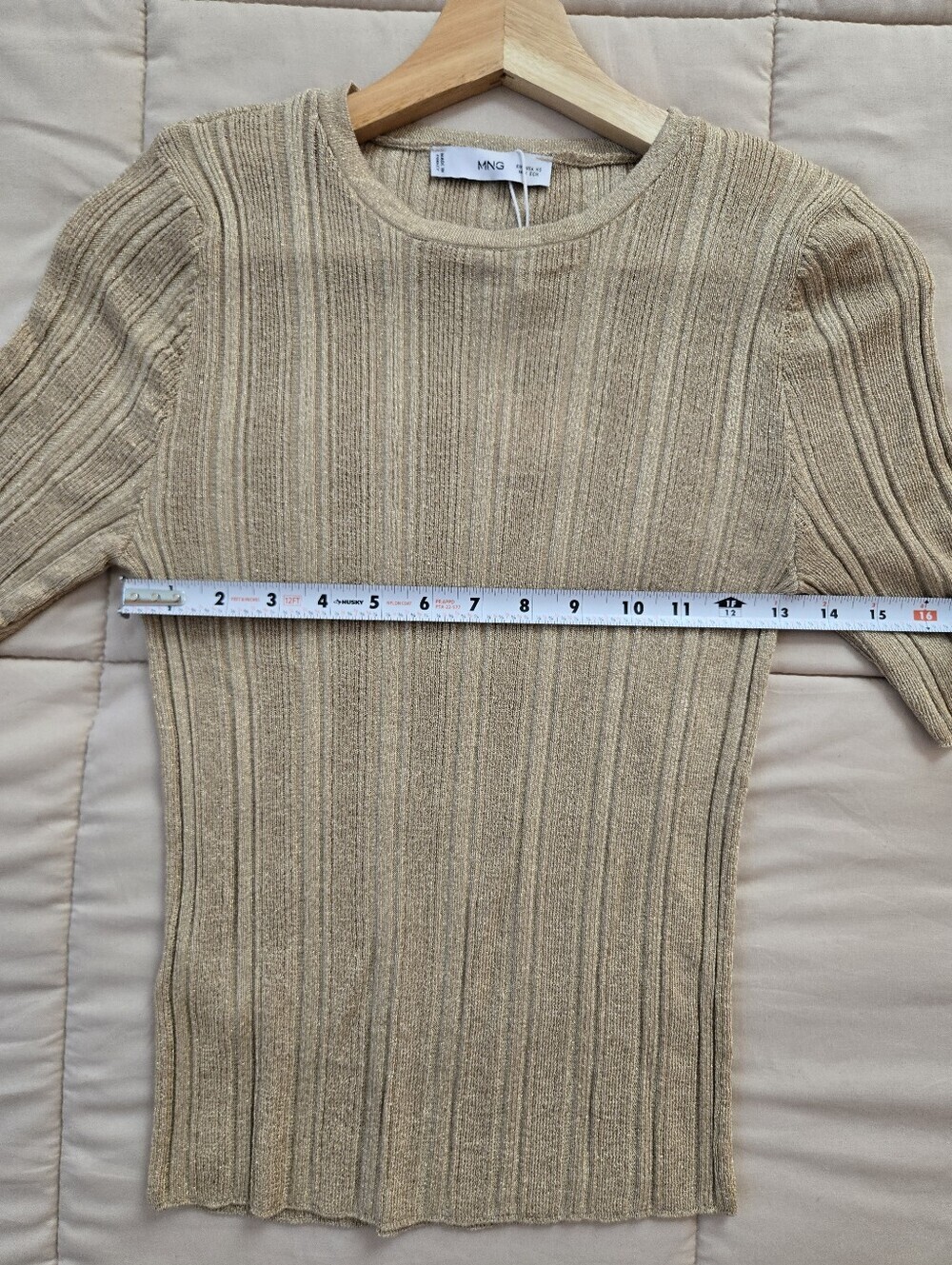 Mango Lurex Beige Short-Sleeve Ribbed Knitted Top XS - Picture 8 of 10